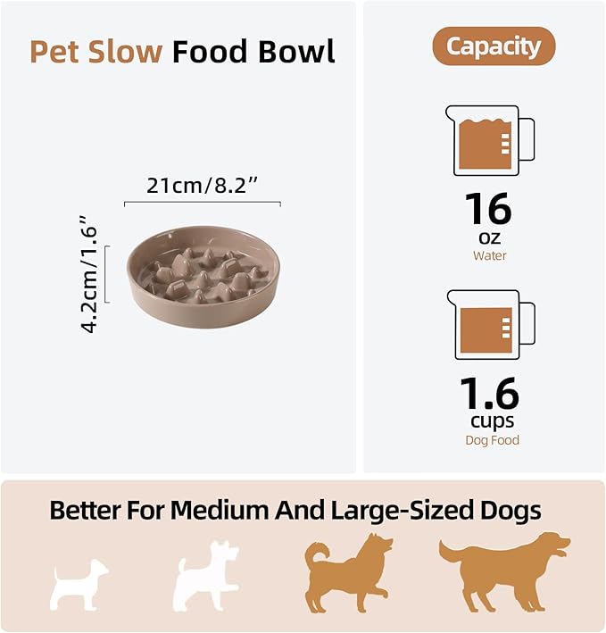 Havniva Ceramic 1.6 Cup Dog Bowl Slow Feeder, 8.2 inch Slow Pet Food Dish for Medium and Large Dog, Stop Bloat, Preventing Choking(Single Bowl, Brown Coffee)