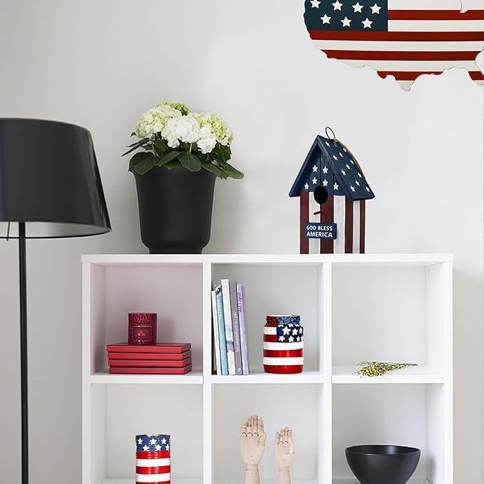 Linfevisi Wooden Patriotic Bird House Bluebird Nest Box American Flag Birds Boxes Home Wood Birdhouses Hanging Outdoor Decorative for Wren Finch Chickadee Sparrows Cardinals Tree July 4th(B)