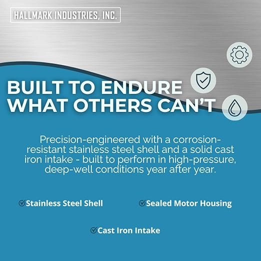 Hallmark Industries Well Pump, Deep Well Submersible Pump, 1HP, 110V 60HZ, 33 Gpm, Stainless Steel, 3.8"