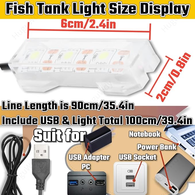 HuGuWdy Small Fish Tank Light,LED Aquarium Light 0.6W 5V 2.4x0.8 Inch 1m USB Cable with Double Sided Tape, Small Aquarium Light Fish Tank Lamp for Small Aquarium or Office Desk Fish Tank
