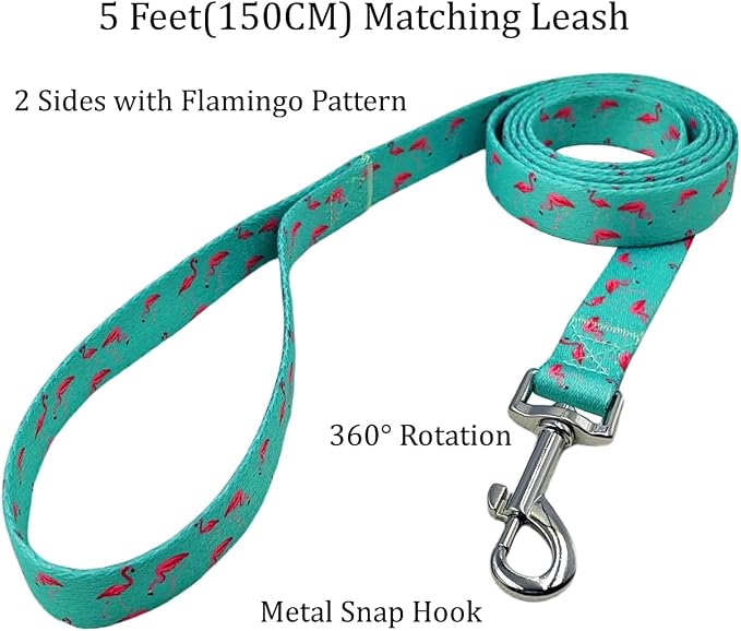 Dog Collar Leash Set, Flamingo Pattern, Polyester Material, Adjustable Collar and 5ft Matching Leash, for Medium Dogs.(M, Green Flamingo)
