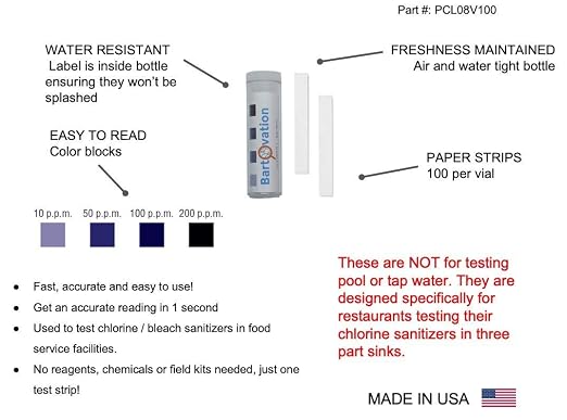 Chlorine Sanitizer Paper Test Strips, 10-200 ppm, 200-Pack | Sani Test Strips, Food Service, Restaurant, Precision Bleach, Made in USA
