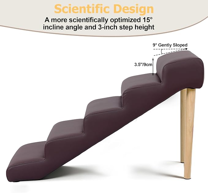 5-Step 23.6" H Dog Stairs for Bed Couch, Waterproof & Scratch PU Leather Pet Steps for Senior Large Dogs and Cats, Dog Ramp with 220 lbs Maximum, Oak Leg & Solid Wood, Non-Slip Feet,Brown