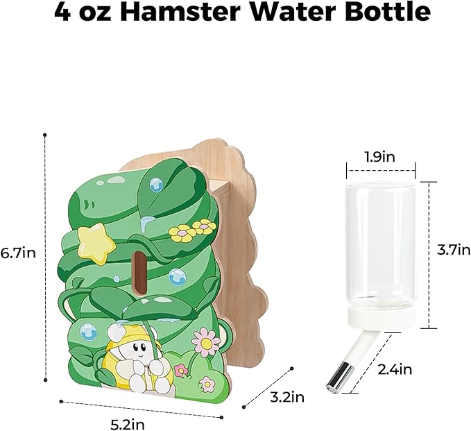 mini&moe Hamster Water Bottle for Glass Tank – Guinea Pig Water Bottle No Drip with Wooden Holder, Small Animal Water Dispenser for Rats, Chinchillas, Gerbils, Sugar Gliders