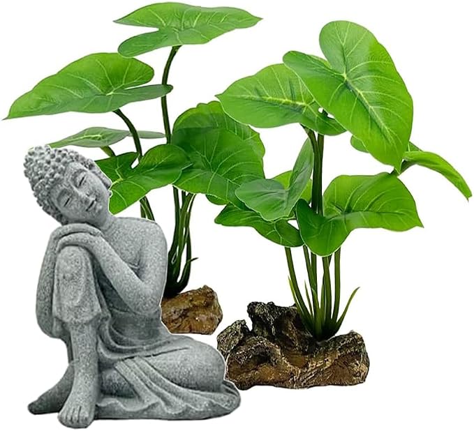 Fish Tank Decor Aquarium Decorations Ornaments Betta Leaf pad Hammock 6inch Plastic Artificial Plant Goldfish Fish Hides Small Tank/Reptiles Plants Driftwood (Green-Type-a/Buddha-Set)