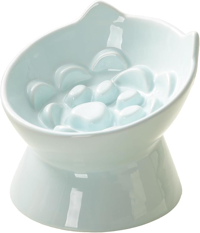 PawsPik Lynx Ceramic Raised Slow Feeder Dog & Cat Bowl, Tilted 15° Elevated Pet Food Bowl, Whisker-Friendly Anti-Choking Dish, Dishwasher Safe (Sky Blue)