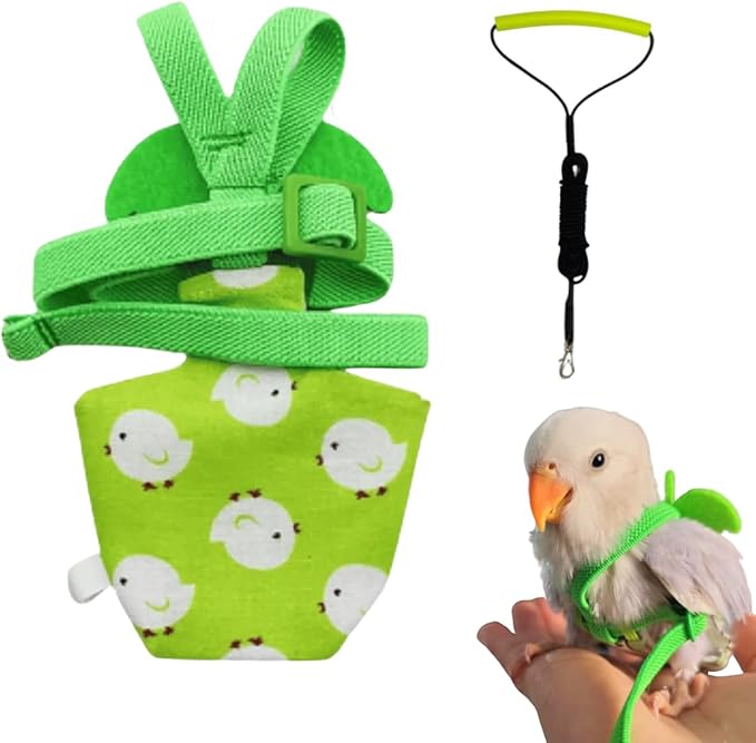 Adjustable Bird Diaper Harness Flight Suit Clothes with 80 Inch Flying Leash Rope for Parrots Conure Cockatiel (Green,M)