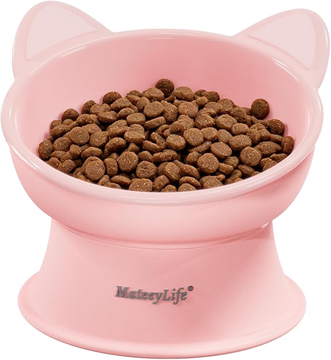 MateeyLife Raised Cat Bowls, Cat Food Bowl Elevated for Kittens & Small Dogs, 15°Tilted Protect Pets' Neck and Anti Vomiting, Whisker Friendly Food & Water Feeding Bowl, 6 oz Each - Pink
