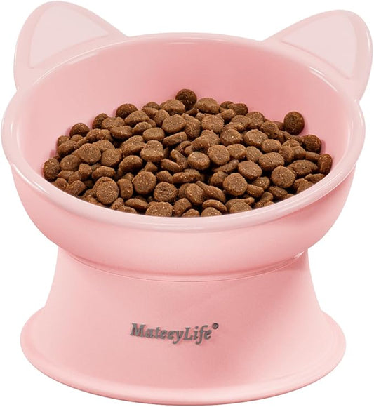 MateeyLife Raised Cat Bowls, Cat Food Bowl Elevated for Kittens & Small Dogs, 15°Tilted Protect Pets' Neck and Anti Vomiting, Whisker Friendly Food & Water Feeding Bowl, 6 oz Each - Pink