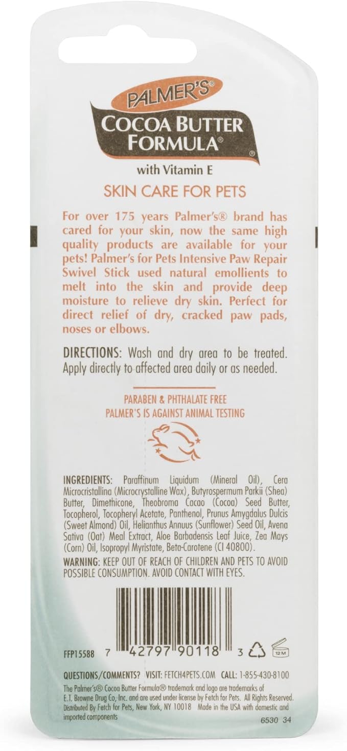 Palmer's for Pets Cocoa Butter Paw Pad and Nose Balm Swivel Stick, Fragrance Free - Moisturizing Dog Balm with Vitamin E, Peppermint Oil, Shea Butter, Rough or Dry Pads, 0.5 oz