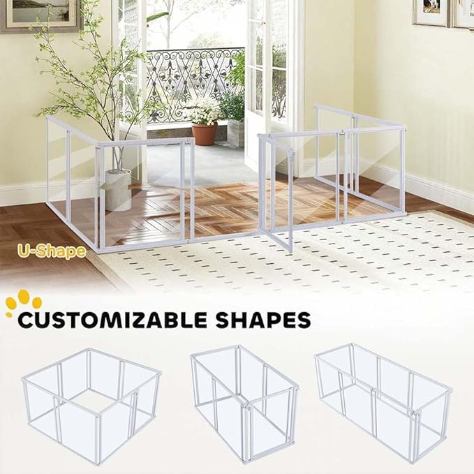 unipaws Clear Acrylic Transparent Dog Playpen, 166” Extra Wide 8 Panels Freestanding Walk Through Dog Gate, Foldable Pet Pen Whelping Cage for Puppy Cats