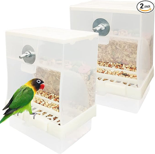 Tfwadmx No Mess Automatic Bird Feeders Cockatiel Food Dispenser Bowls Seed Container Parrot Dishes Parakeet Cage Accessories Birdfeeder with Divider for Canary Finch Conure Lovebirds 2Pcs