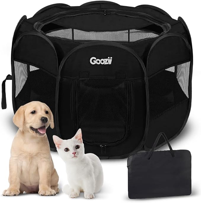 GOOZII Kitten Cat Playpen for Indoor Cats Enclosed, Portable Foldable Pet Dog Playpen Outdoor Play Tents Crate Cage with Zipper Top Cover Door for Puppy Outside Rv Car Camper (Black, Small Size)
