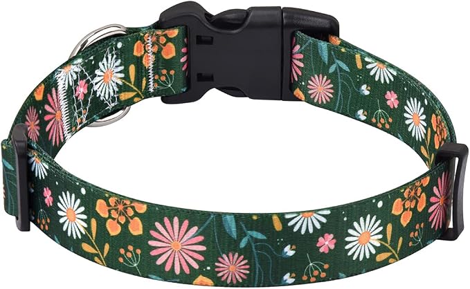 Mihqy Dog Collar with Bohemia Floral Tribal Geometric Patterns - Soft Ethnic Style Collar Adjustable for Small Medium Large Dogs(Dark Green Flower,L)