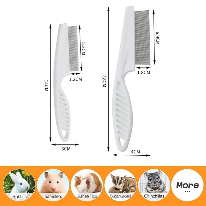 Stainless Steel Rounded Teeth Grooming Comb for Small Pets - Massage and Cleaning Tool for Chinchillas, Ferrets, Guinea Pigs, Rabbits (2 Pack, White)