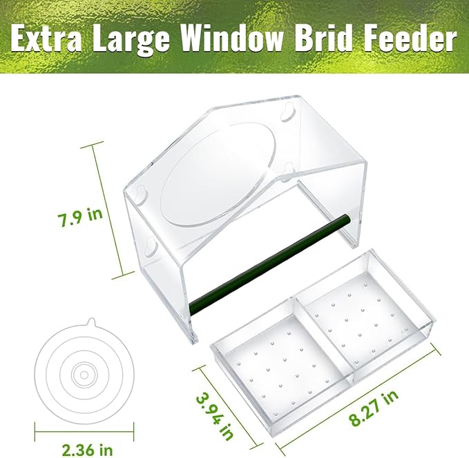 Window Bird Feeder - 4 Strong 2.36" Suction Cups - Clear Acrylic Birdhouse for Outdoors, Removable Tray, Birdwatching Gift for Parents