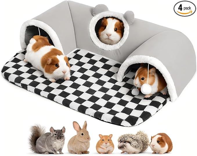 Large Guinea Pig Hideout Tunnel with Removable Warm Bed, 3-Cave Small Animal Hideaway Play Tunnel, Cozy Cage Accessories for Hamsters, Chinchillas, Rats