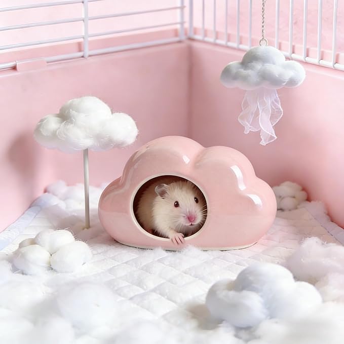 Cloud-Shaped Ceramic Hamster Hideout Cool Summer Cute Guinea Pig Bed House for Dwarf Hamsters, Mices, Gerbils (Pink,XL)