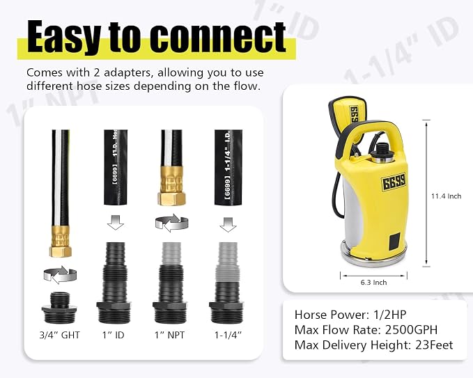 1/2HP Submersible Water Pump 2500GPH Stainless Steel Sump Pump with Adjustable Float Switch for Draining Water from Pool Hot Tub Flooded House Rain Barrel Pit Crawl Space