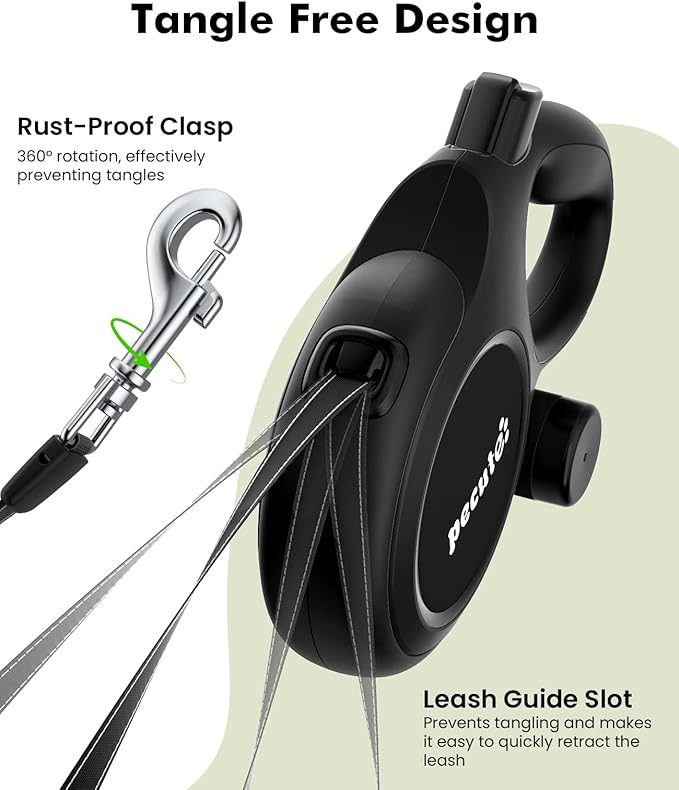 Pecute 26ft Retractable Dog Leash, Heavy Duty Retractable Pet Leash with Poop Bag Holder, Anti-Slip Soft Grip, Reflective Dog Leashes for Medium Dogs Large Dogs 33lbs-110lbs(Black)