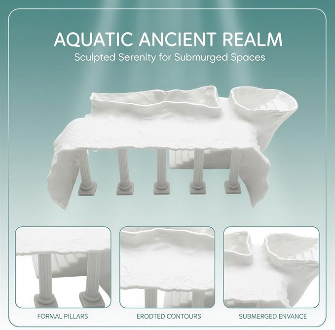 Roman Column Fish Tank Decoration, White Resin Aquarium Ornament, Realistic Ancient Castle Design, Multiple Entry Points, Safe Cave Hideout for Fish