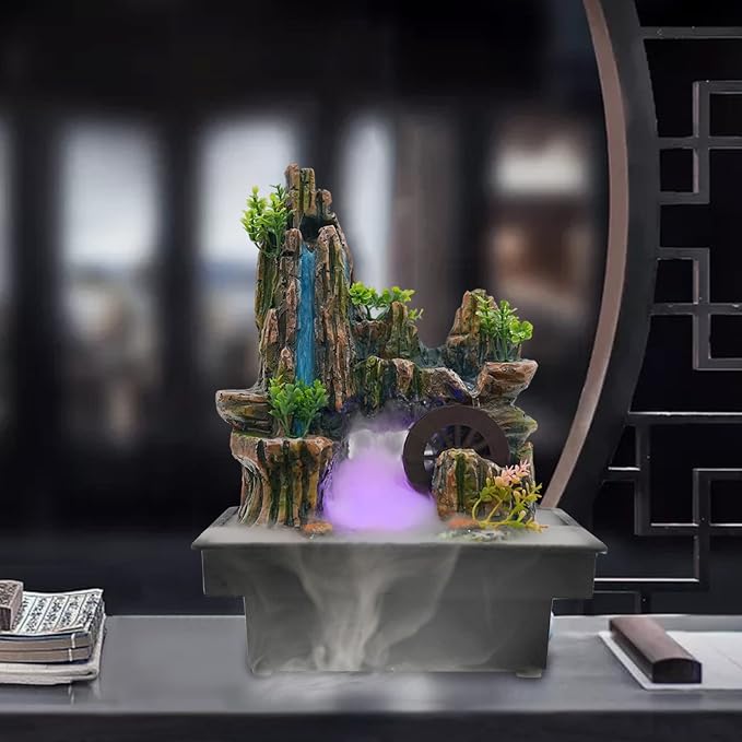 Indoor Fountain Rockery Tabletop Fountain with an Atomizer Elaxation, 7.9''L x 7''W x 10.6''H with LED Light Water Feature Meditation Desktop Fountains for Home Office Decor or Gift