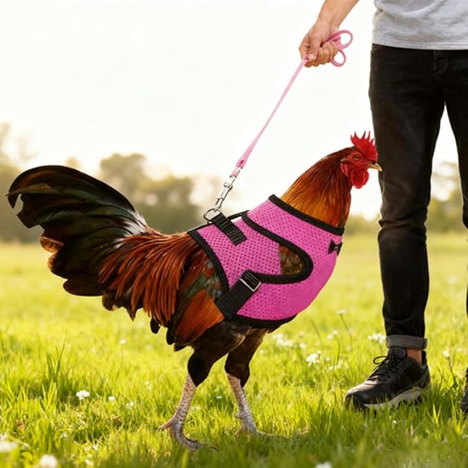 Chicken Harness and Leash Set Adjustable Mesh Breathable Duck Training Harness Pets Leashs for Goose Hen Rooster Parrots Dog Kitten, Black S