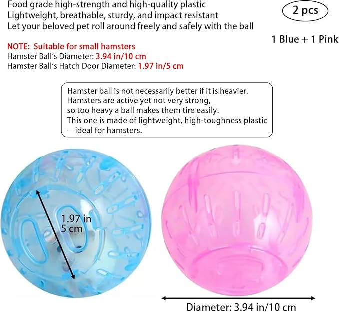 2Pcs 3.94 Inch Rotundity Hamster Balls, Breathable and Sturdy Dwarf Hamster Exercise Balls Running Wheel Gerbil Toys, Small Animals, Portable Small Pet Supplies (Blue and Pink)