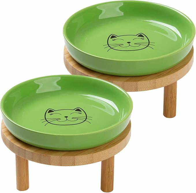 Lusifaco Shallow Elevated Cat Bowls,5.9 Inch Wide Raised Ceramic Cat Dishes with Bamboo Stand, Whisker Friendly Pet Water or Food Plates Feeding Station for Indoor Cats, Kitten(Green,Set of 2)