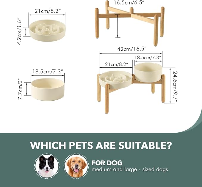 Havniva Ceramic Raised Slow Feeder Dog Bowl Set, Elevated 7.3inch Bowl and 8.2inch Puzzle Slow Dish with Wooden Stand for Medium and Large Dog, Anti-Gulping (2X Light Yellow+ Stand)