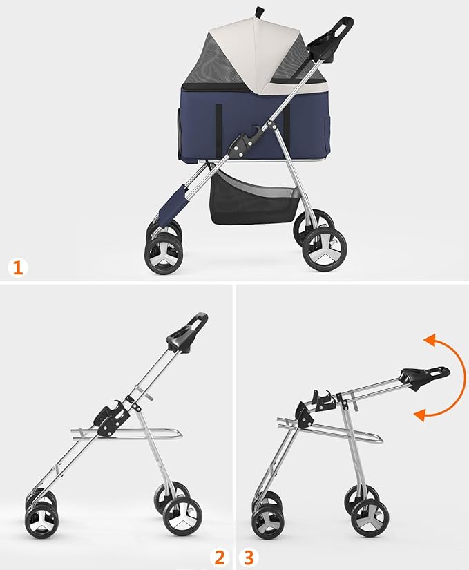 OS MOTOR Pet Stroller with 4 Wheels for Small/Medium Pets,Travel Foldable Detachable Carrier for Dog Cat Cage Jogger Stroller, Rear Wheel Breaks, Storage Basket, Visible Mesh Weather Cover (Navy Blue)