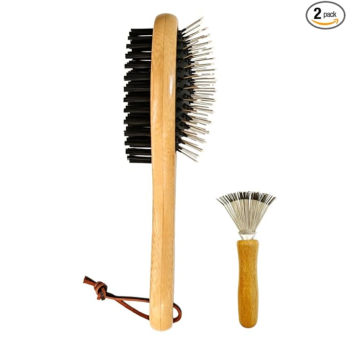 Double Sided Pet Slicker Brush with Bamboo Handle for Dogs and Cats, Grooming Comb for Shedding, Tangles, and Dead Undercoat