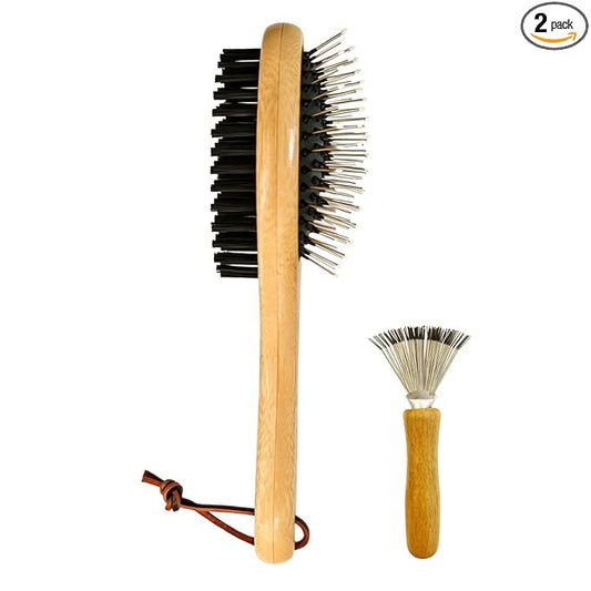 Double Sided Pet Slicker Brush with Bamboo Handle for Dogs and Cats, Grooming Comb for Shedding, Tangles, and Dead Undercoat