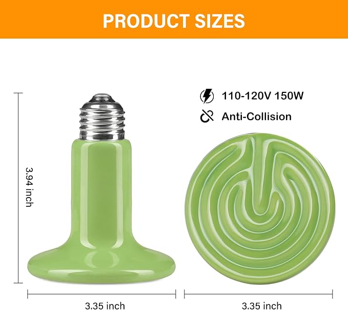 Simple Deluxe 150W 2-Pack Ceramic Heat Emitter Reptile Heat Bulb No Light, LCD Digital Aquarium Thermometer, for Reptile Amphibian, 2 Pack, Green