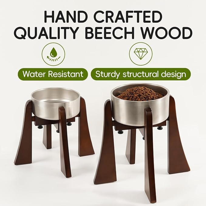 Elevated Bowl Stand Set 12-inch with Heavy Duty Beech Wood Made, Anti-Vomit Design for Medium Breed, Senior Dogs, Ergonomic Neck Protecting, Adjustable Diameter, Easy Clean Non Toxic