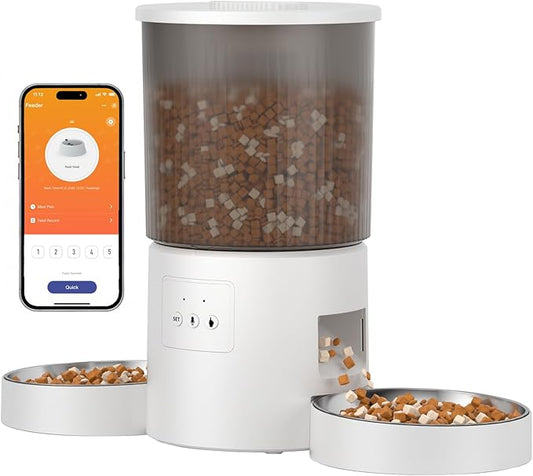 Automatic Cat Feeder, 2.4GHz WiFi Automatic Dog Food Dispenser, Fresh Protection, 4.5L Timer Feeder, Personalized Recording 10 Seconds, Easy to Clean, Stainless Steel Bowl (Double/White)