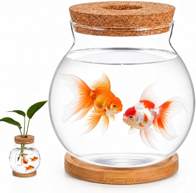 ibasenice Desktop Fish Bowl Glass Fish Tank with Wood Lid & Bamboo Base | Clear Glass Desktop Aquarium Hydroponic Plant Terrarium Bowl for Betta Fish Plants Terrarium Home Office Decoration