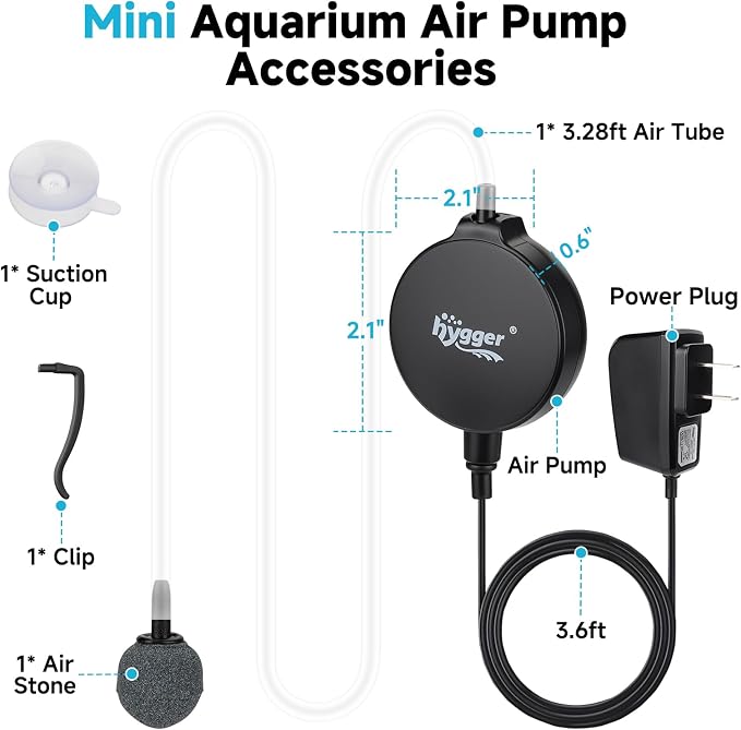 hygger 1.5 Watt Mini Aquarium Air Pump, Quiet Aerator with Air Stone Tubing Suction Cup Clip, Small Fish Tank Bubbler Oxygen Pump for 1 to 15 Gallon Betta Tank, Fish Bowl, Desk Small Tank