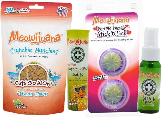 Meowijuana Sampler Stash #2 Bundle | Crunchie Munchie Salmon Treats, Stick 'n' Lick Compressed Catnip, 1 oz Premium Catnip Spray and 3 ct Rollies | Promotes Play and Cat Health
