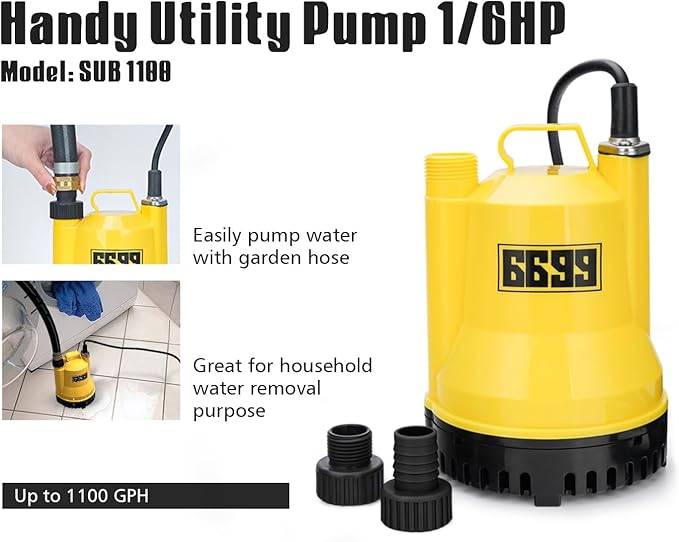 1/6HP Portable Utility Pump Submersible Small Backup Sump Pump Draining Tool to Remove Water from Flooding House Basement Pool Tankless Heater Flushing Pump with 10-Foot Cord SUB 1100