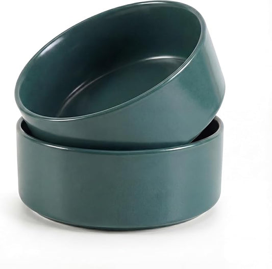 Ceramic Dog Bowl for Food and Water - Pet Feeder Bowl for Small to Medium Dogs and Large Cats - Heavy Ceramic Feeding Dish with Non Slip Base - Dishwasher & Microwave Safe - 2 Pack - 6 Inch - Green
