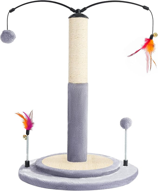 YUNIQUE Cat Scratching Post with Sisal Rope, Small Cat Tree with Dangling Balls & Feather for Kittens (Grey, 22.8'')