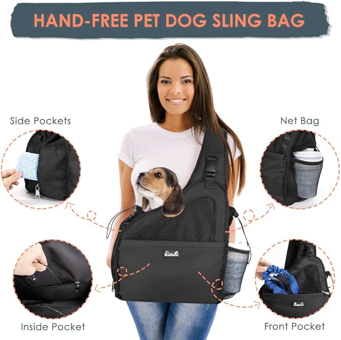 SlowTon Pet Dog Sling Carrier, Hands Free Hard Bottom Papoose Small Animal Puppy Up to 11 lbs Travel Bag Tote Breathable Mesh Support Adjustable Padded Strap Pocket Safety Belt Machine Washable