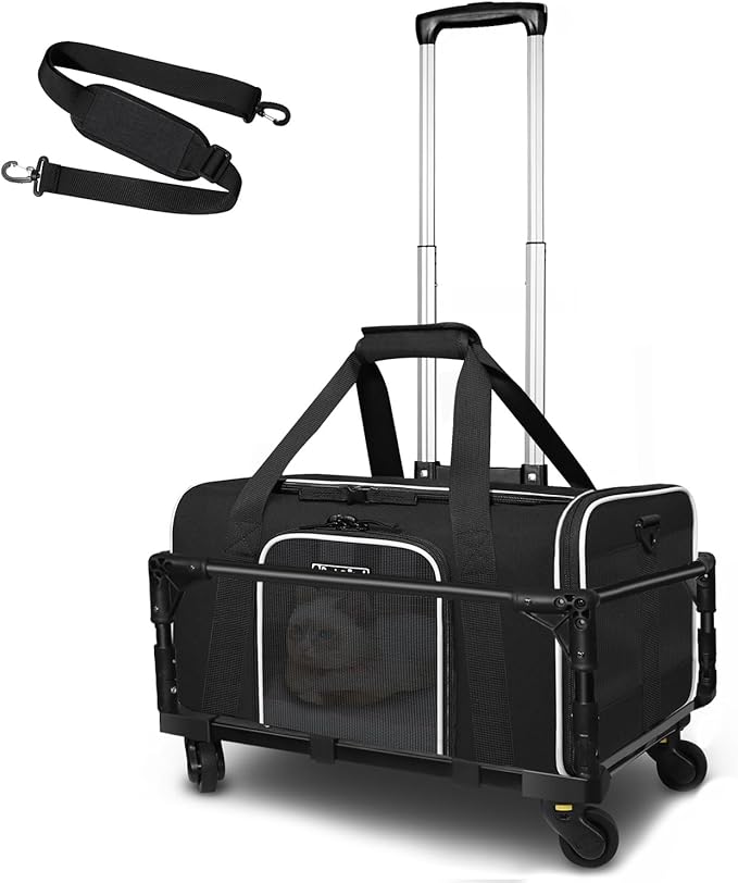 Petskd Small Pet Carrier with Wheels (17" L x 12" W x 8.5" H), JetBlue/Allegiant/Spirit Airlines Approved, Rolling Pet Carrier for Small Dogs & Cats (Black)