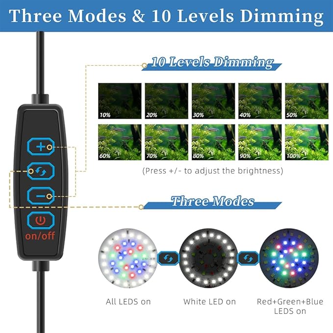 DaToo Mini Clip On Aquarium Light 7W Dimmable Small Fish Tank Light USB Moving Lamp with White Red Blue Green LED for 1 to 3 Gallon Tanks