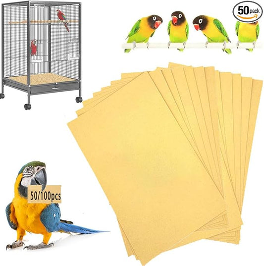 Bird Cage Liner 50-Pack 17” x 11” Gravel Paper Cuttable Pet Sandpaper Special for Bird Cage in Sea Sand, Easy Clean Pet Sandpaper Calcium Paper for Birdcage Parrots Cockatiels (50)
