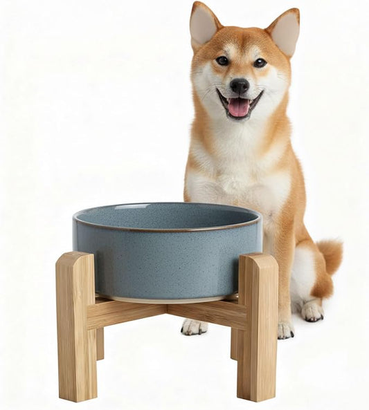 hjn Elevated Ceramic Dog Bowl with Bamboo Stand, Raised Pet Feeding Station for Small Medium Dogs Cats, Modern Design with Anti-Slip Base (Gray Blue, 3.6Cup)