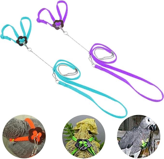 Adjustable Harness Leash for Birds 2Pack Nylon Anti-bite Outdoor Training Walking Control Rope for Parrot African Grey Cockatoo Macaw Ringneck Parakeet Cockatiel Reptile Lizard (Blue+Purple)