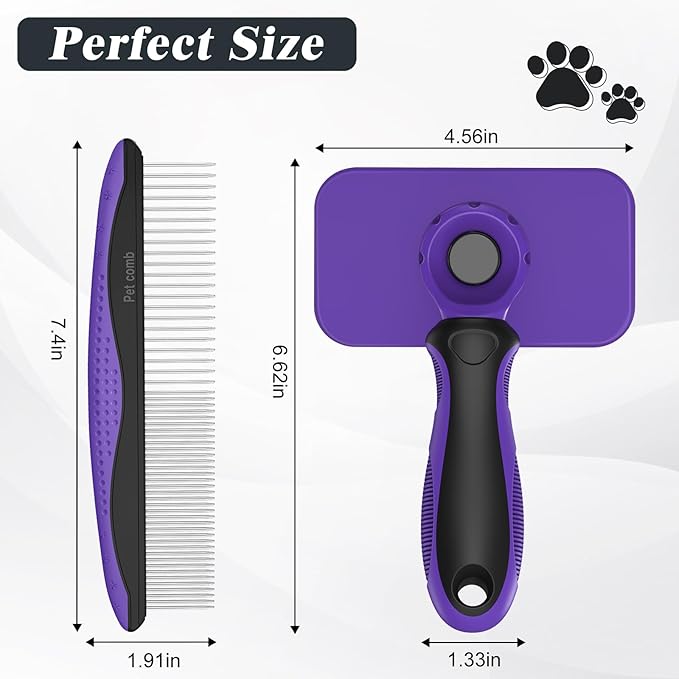 2PCS Self Cleaning Slicker Brush & Dog Comb - Skin Friendly Deshedding Grooming Tool for Dogs, Cats and Small Animals, Professional Deshedding Dematting Tool for Long and Short Haired Pets (Purple)