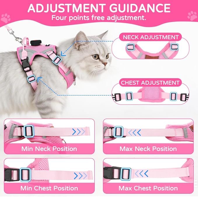 Cat Harness and Leash Set with Holder Compatible with AirTag, Upgraded Escape Proof Kitten Harness Lead for Large Adult Cats, Soft Mesh Jacket Vest for Walking, Reflective & Adjustable, Pink, M